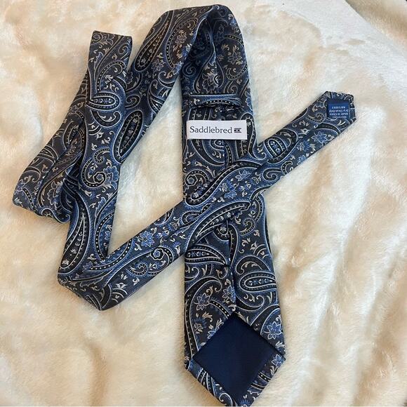 Saddlebred Classic Paisley Silk Necktie, Tie Navy & Light Blue Detail Tie, 58x3 - Picture 3 of 4